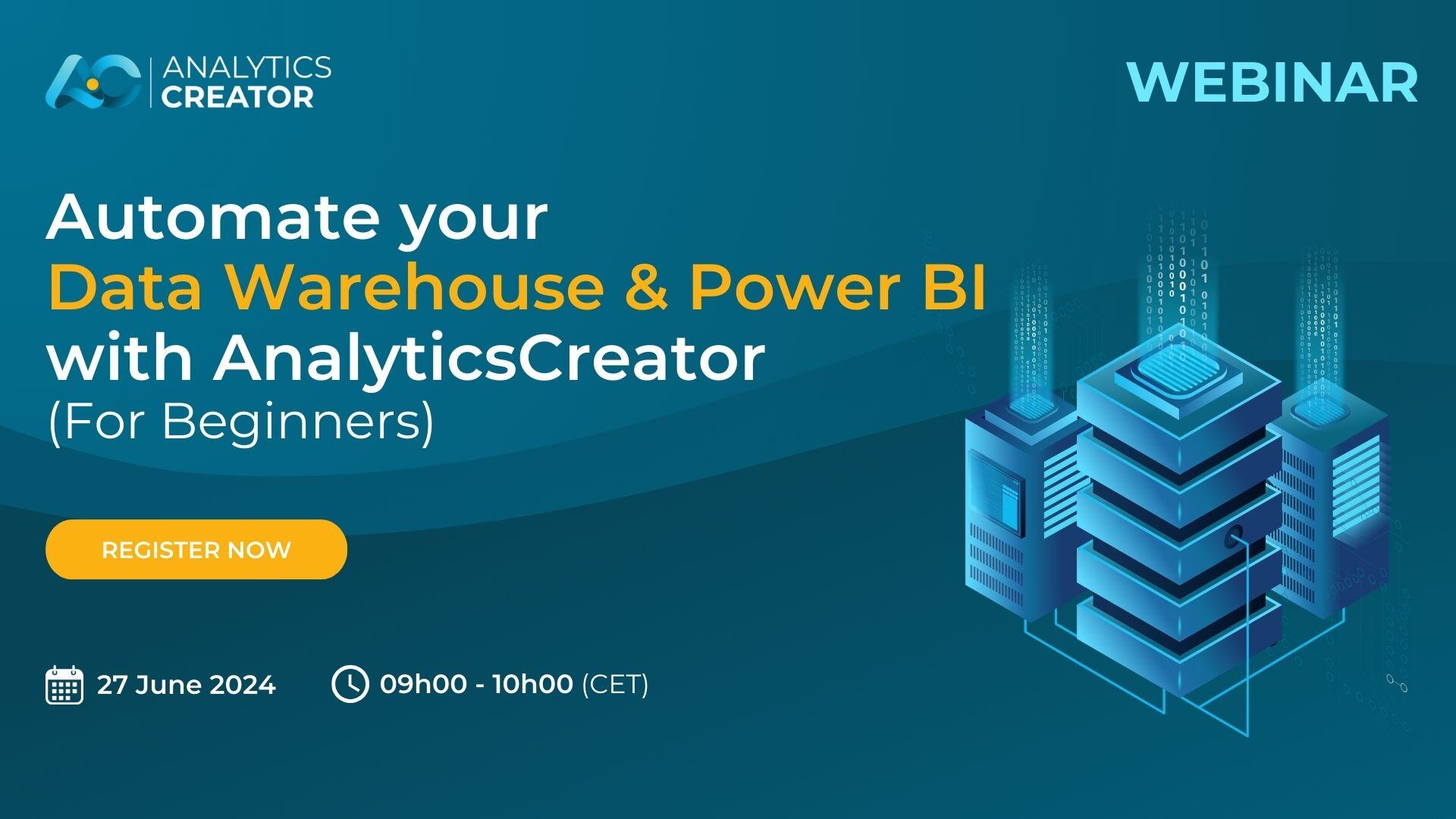 Cover graphic for the webinar recording "Automate Data Warehouse & Power BI with AnalyticsCreator"