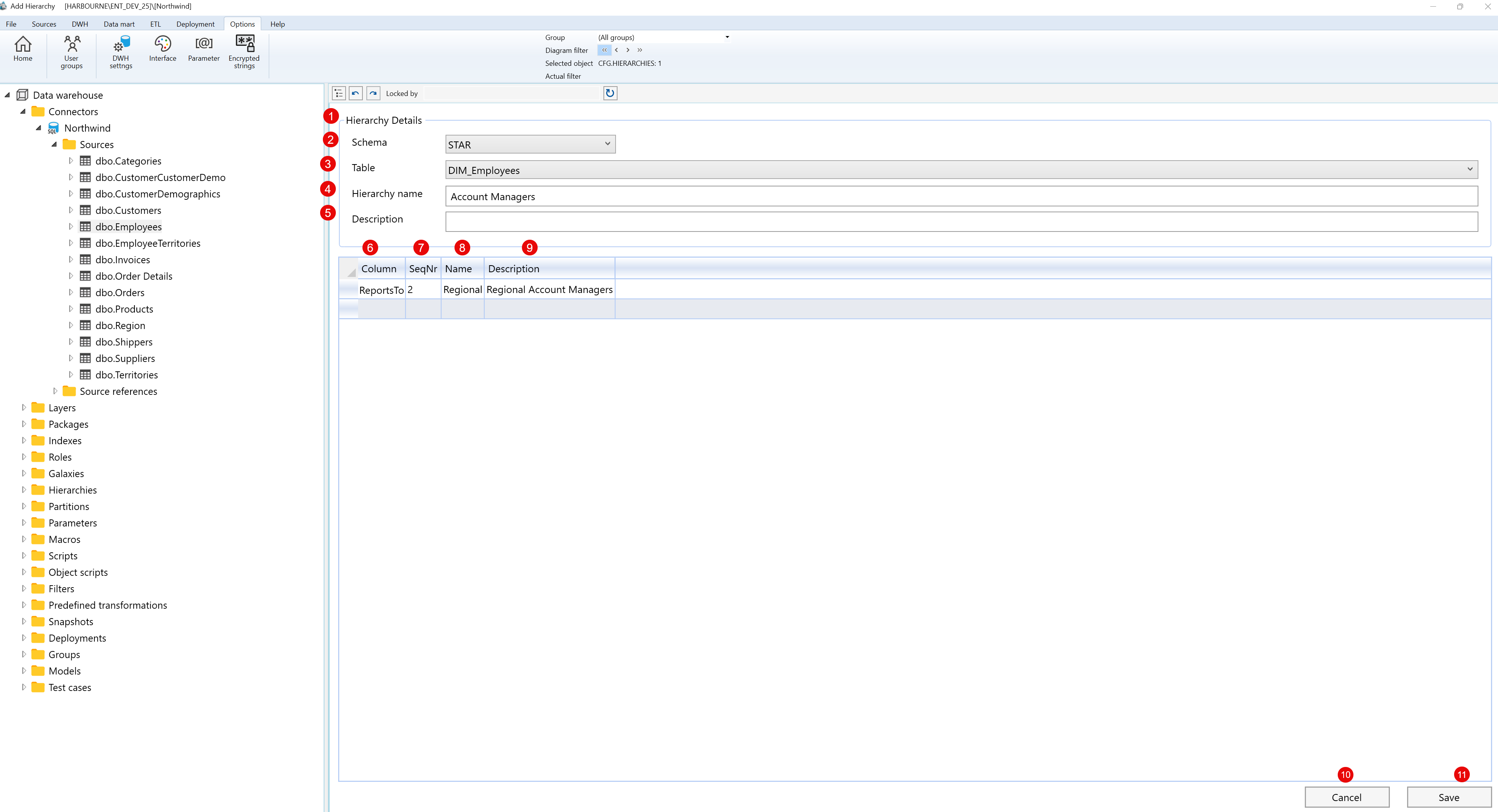 OLAP Hierarchy screen overview