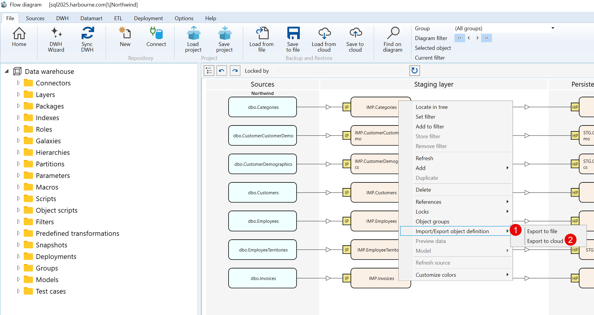 Import object Import/Export object definition submenu used on the Historization page