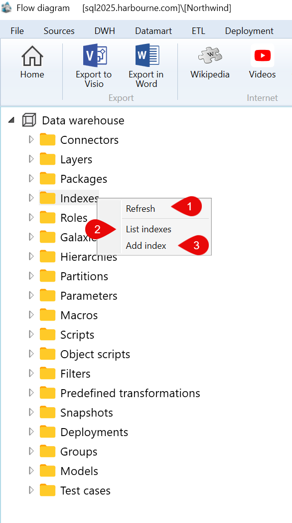 Data warehouse > Indexes context menu