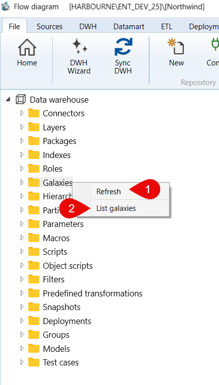 Data warehouse > Galaxies context menu