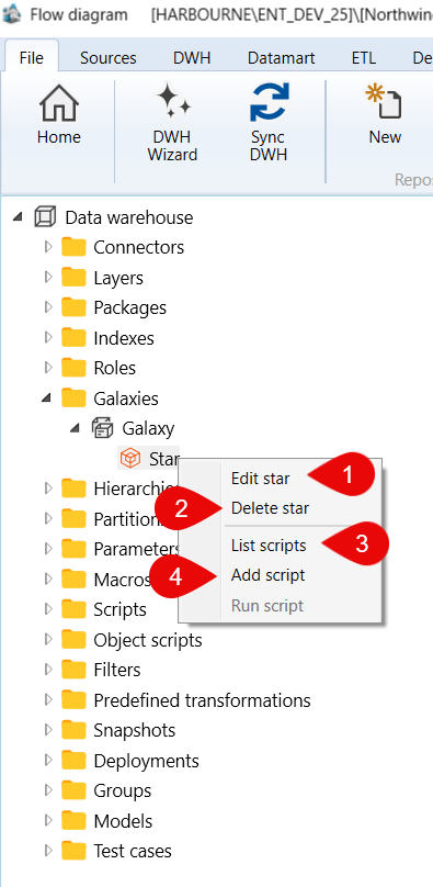 Data warehouse > Galaxies > Galaxy > Star context menu