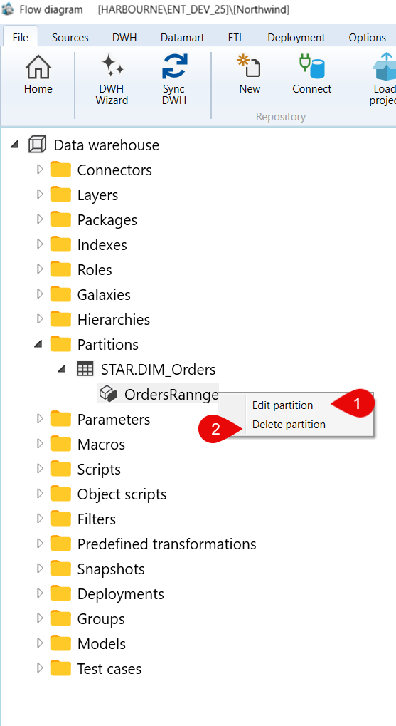 Data warehouse > Partitions > STAR.DIM_Orders > OrdersRannge context menu
