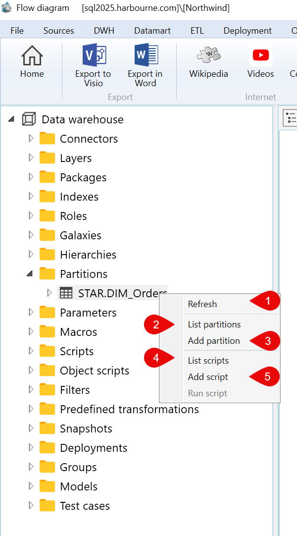 Data warehouse > Partitions > STAR.DIM_Orders context menu