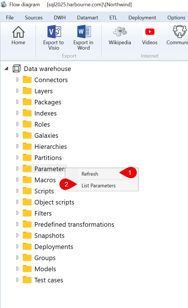 Data warehouse > Parameters context menu