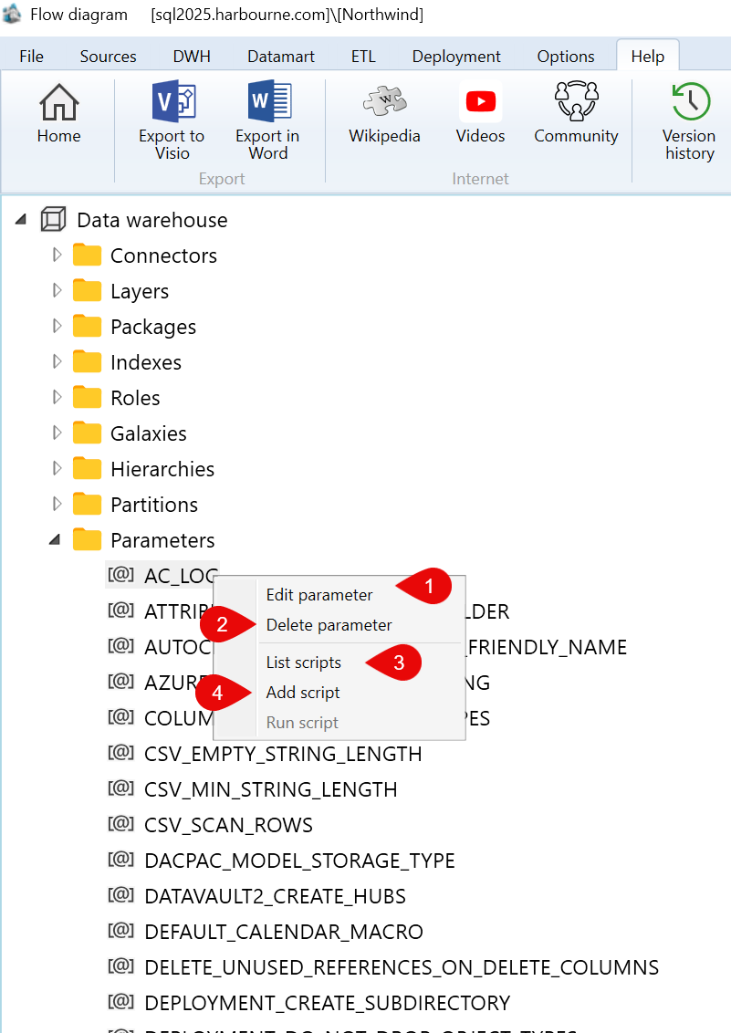 Data warehouse > Parameters > Parameter context menu