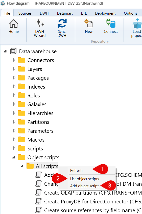 Data warehouse > Object scripts > All scripts context menu