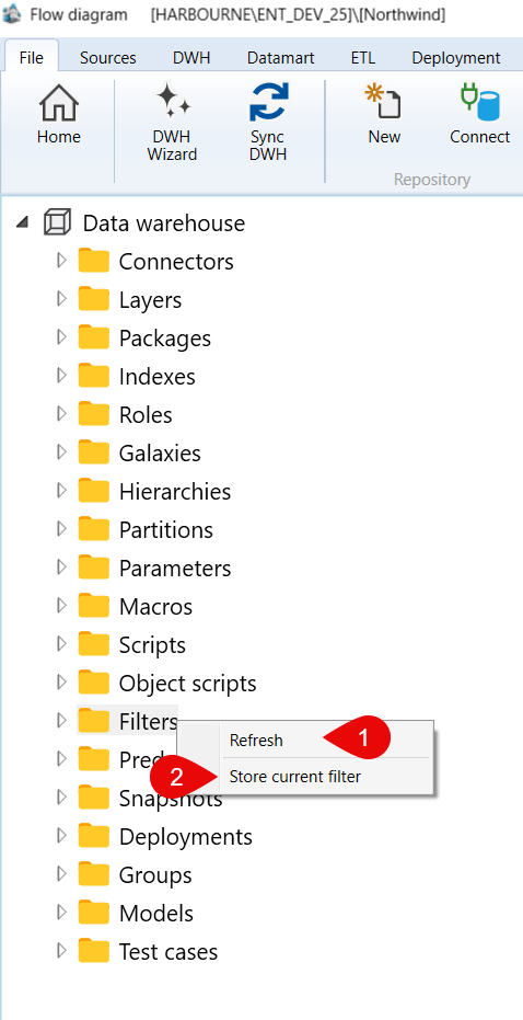 Data warehouse > Filters context menu