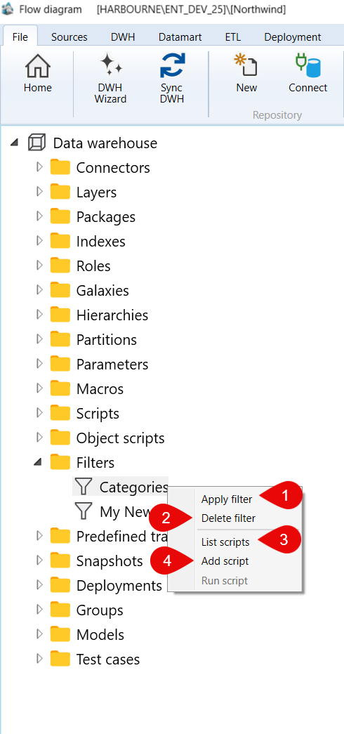 Data warehouse > Filters > Categories context menu