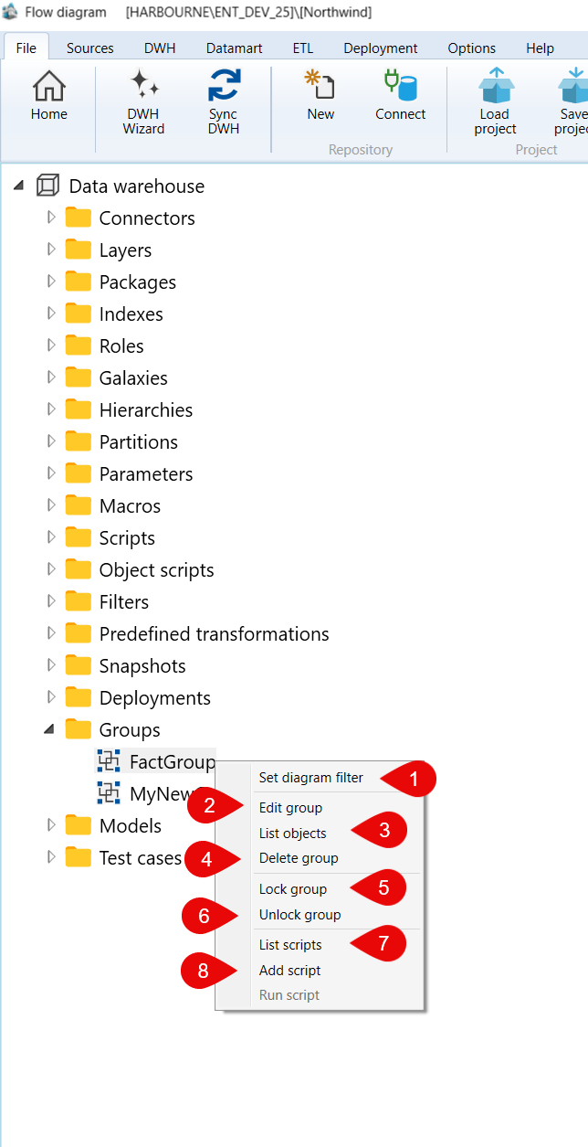 Data warehouse > Groups > FactGroup context menu