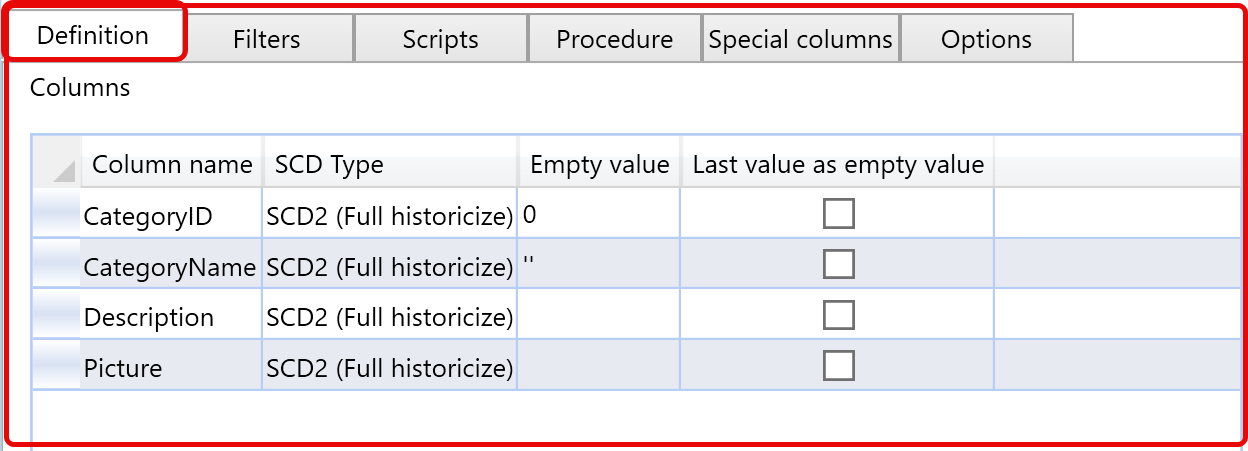 Definition tab settings