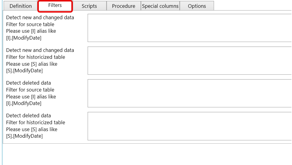 Filters tab settings