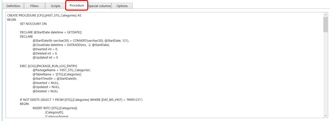 Procedure tab settings