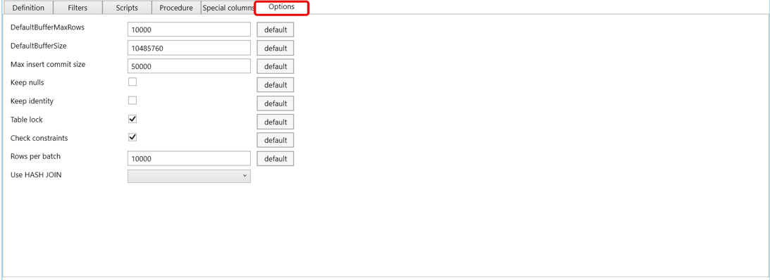 Options tab settings