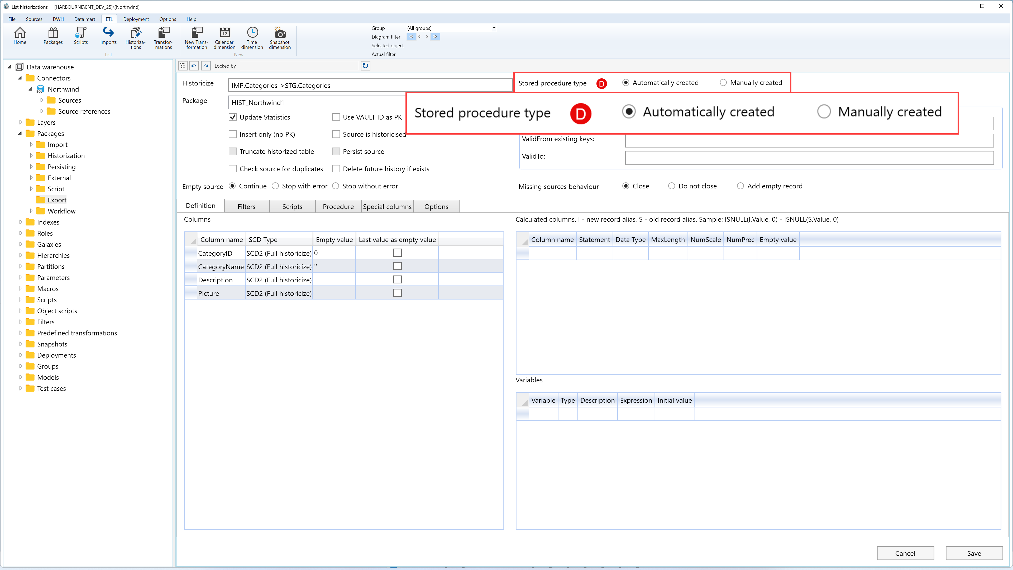 Stored procedure type settings