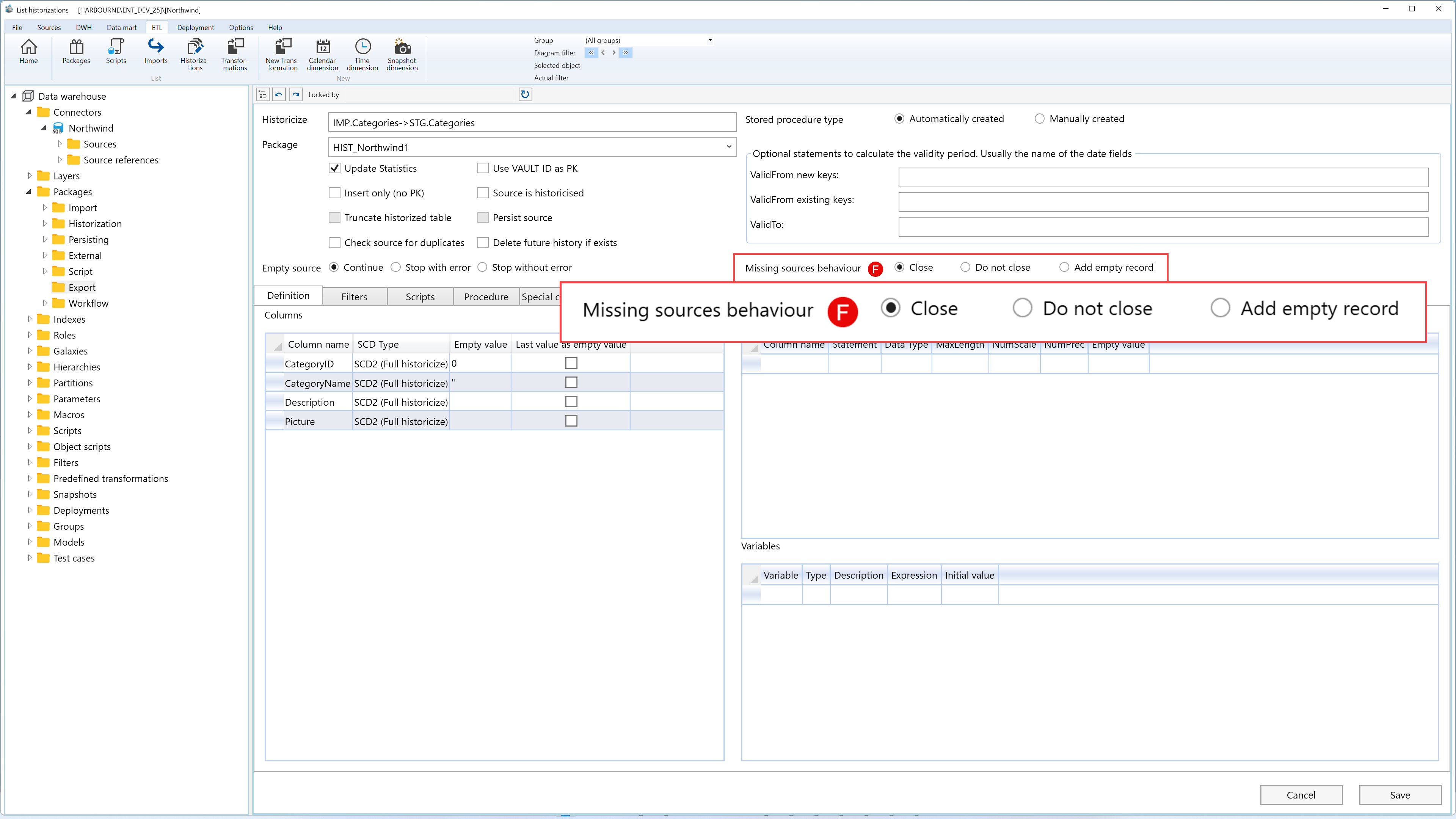 Missing sources behavior settings