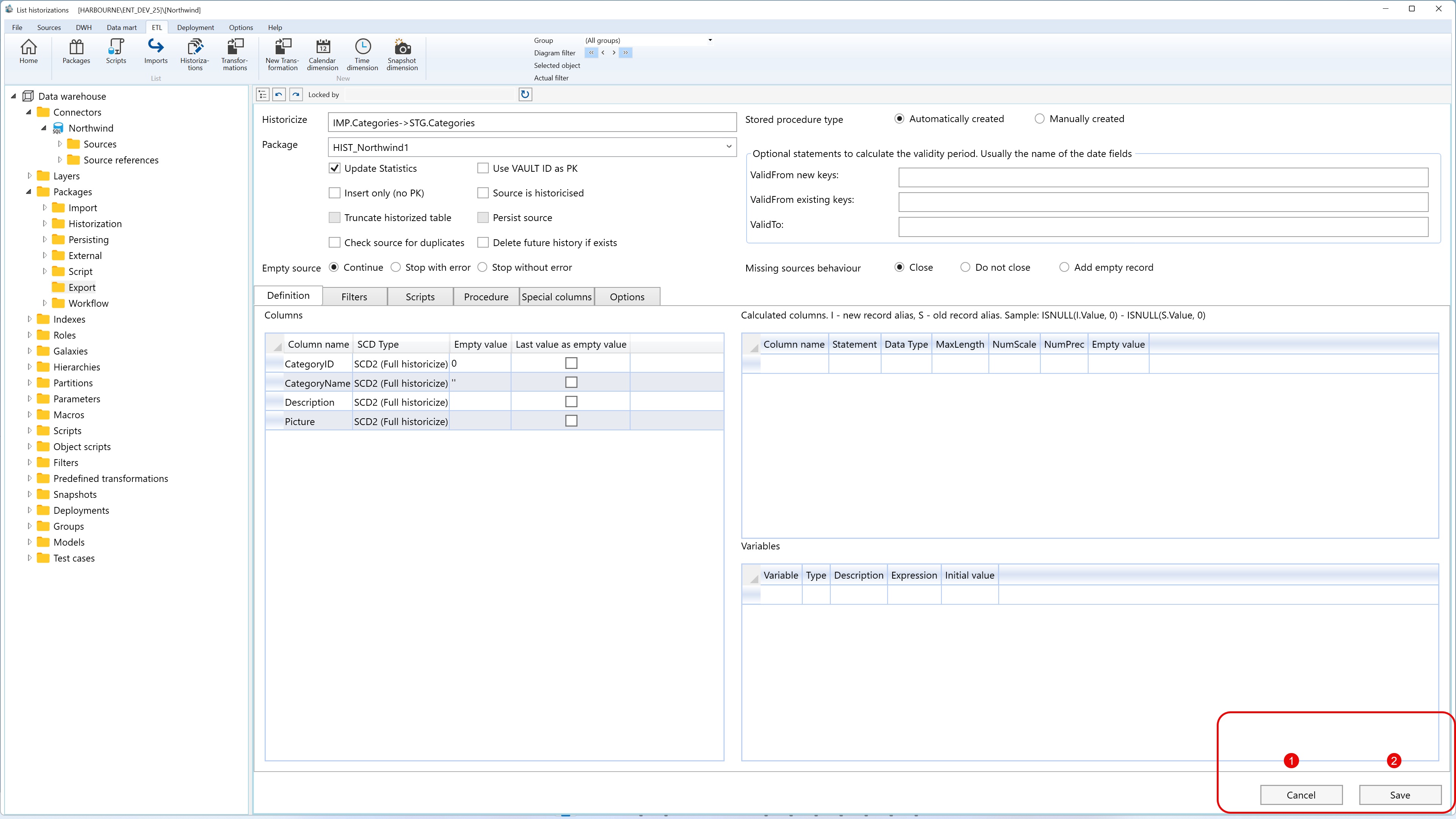 Page actions for historization settings