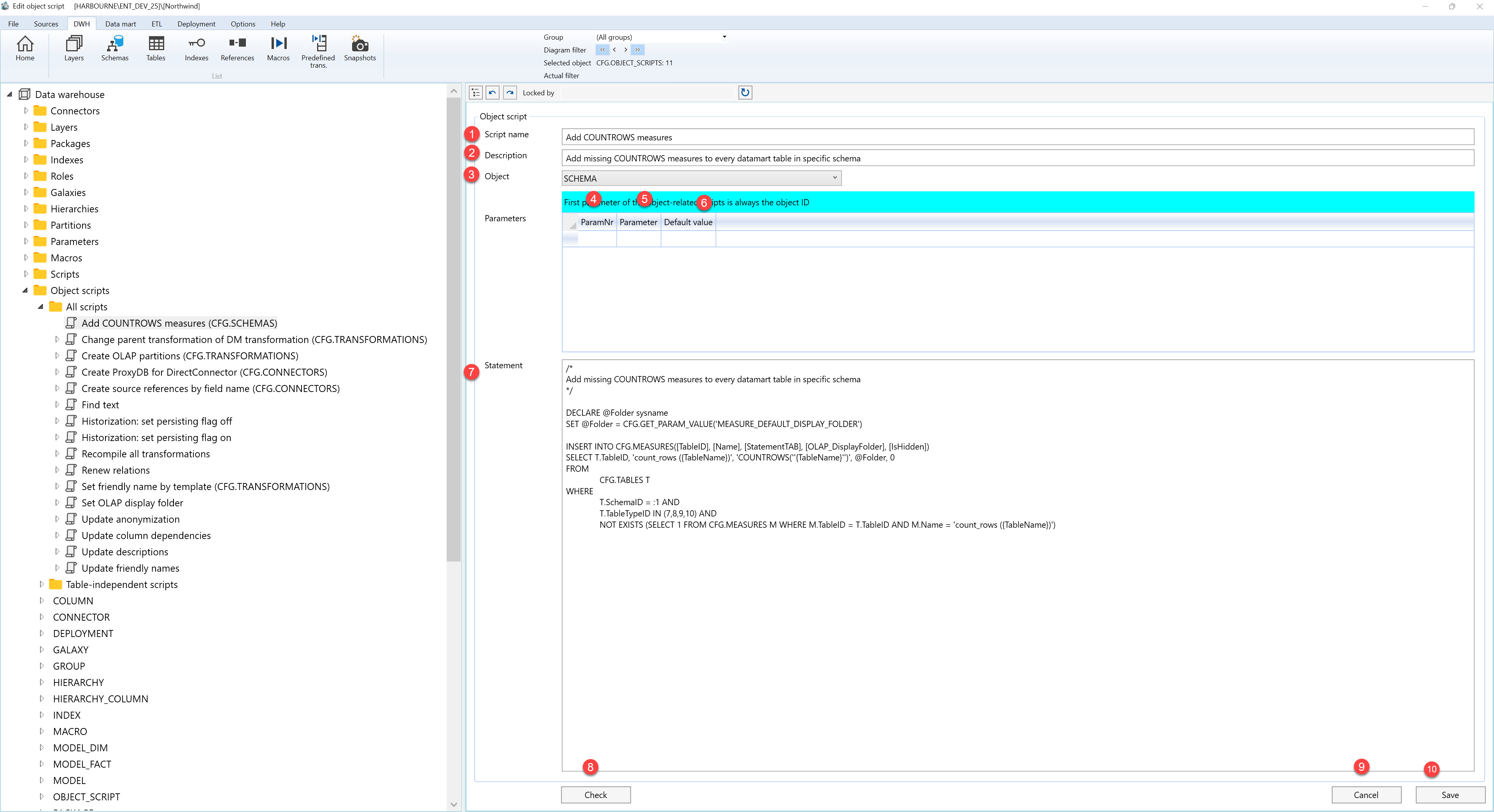 AnalyticsCreator Object script page - Screen overview