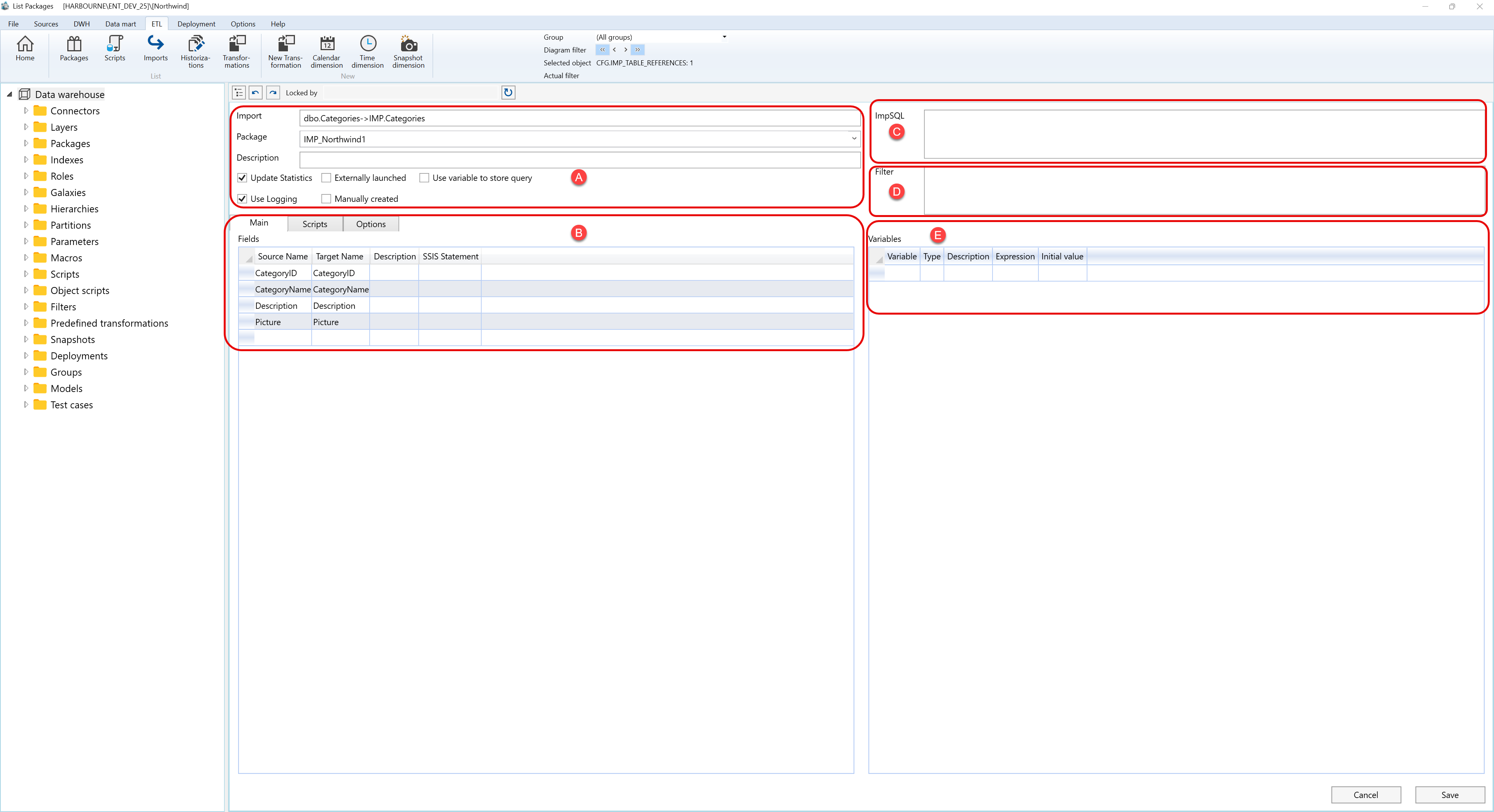 Edit package page with highlighted import settings, field mappings, ImpSQL, filter, and variables