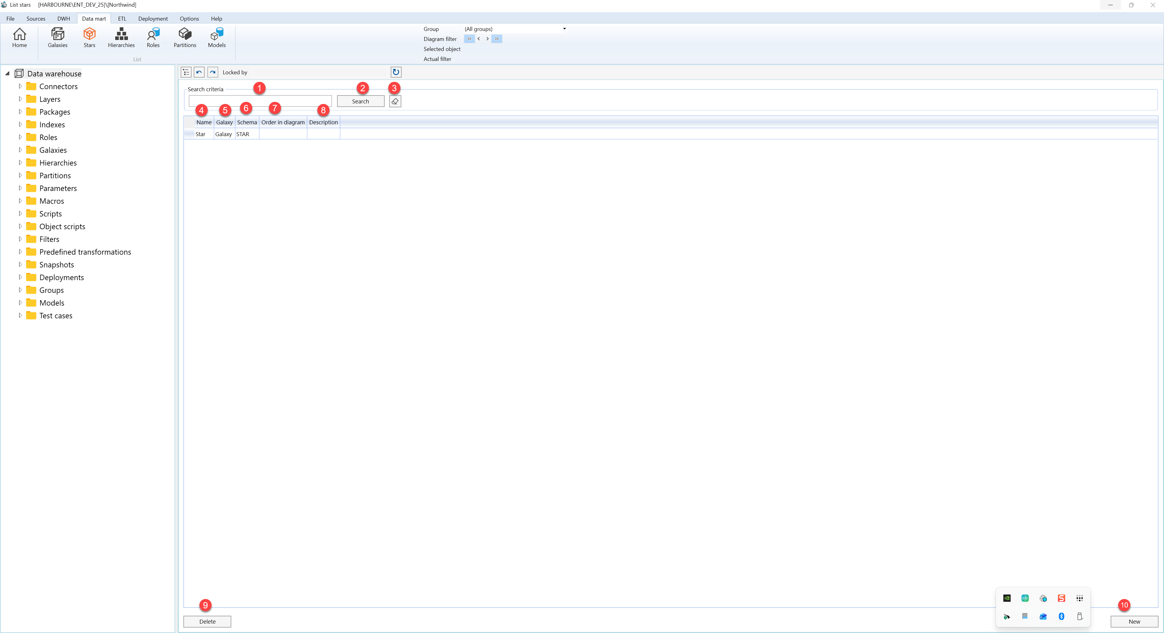 Datamart stars - Screen overview