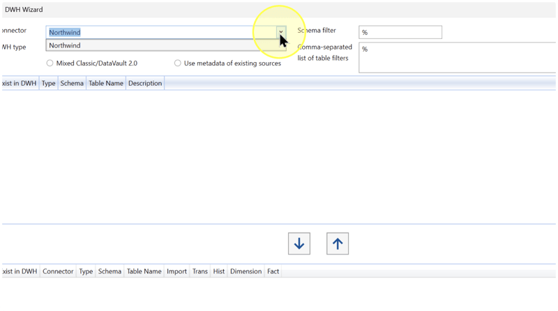 Confirm the Connector field. Northwind is an illustrative Connector name; select your own Connector and Read metadata from connector for this task.