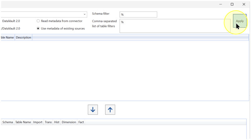 Apply loads the Source list. The captured metadata mode differs from this task; confirm Read metadata from connector before clicking.