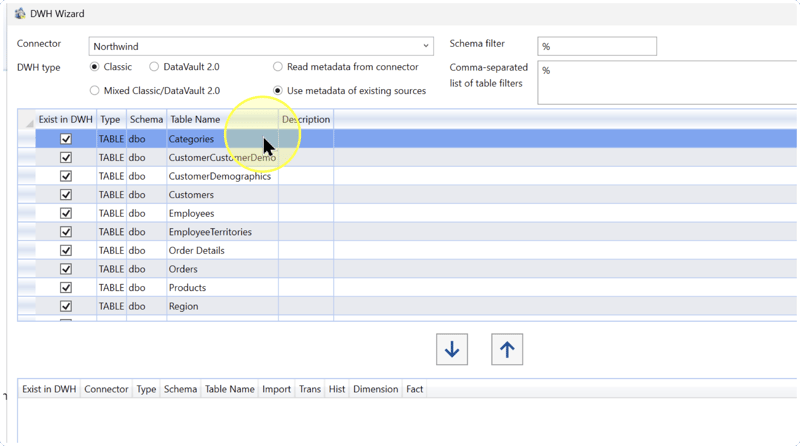 Select rows by highlighting them. Exist in DWH is a read-only status, not a row-selection checkbox; the pictured rows already exist.