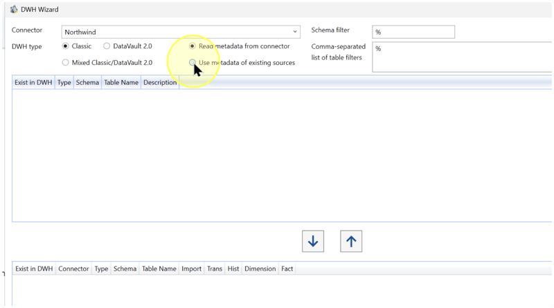 The pointer identifies Use metadata of existing sources, but Read metadata from connector is still selected in this capture. Confirm your selection before continuing.