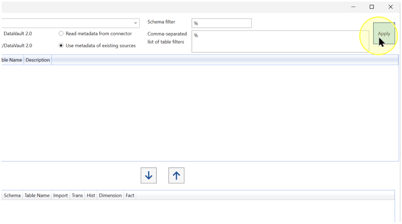 Apply the filters to the stored Source list. Use metadata of existing sources is selected; the pictured filter values are examples.