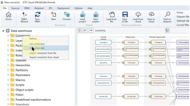 Connectors context menu with Add connector highlighted.