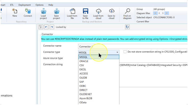 Connector editor with the Connector type list open and MSSQL selected.