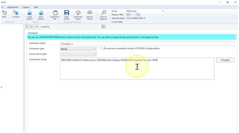 Connector editor showing the MSSQL template, Template button, Azure source type, and connection-string storage checkbox.