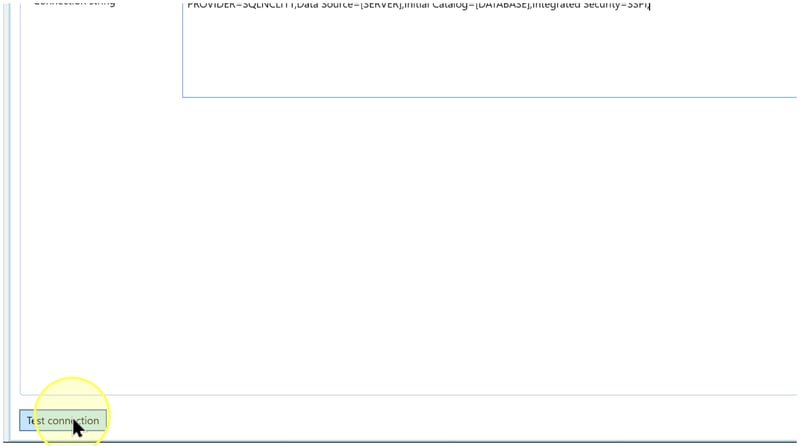 Test connection button at the bottom left of the Connector editor.