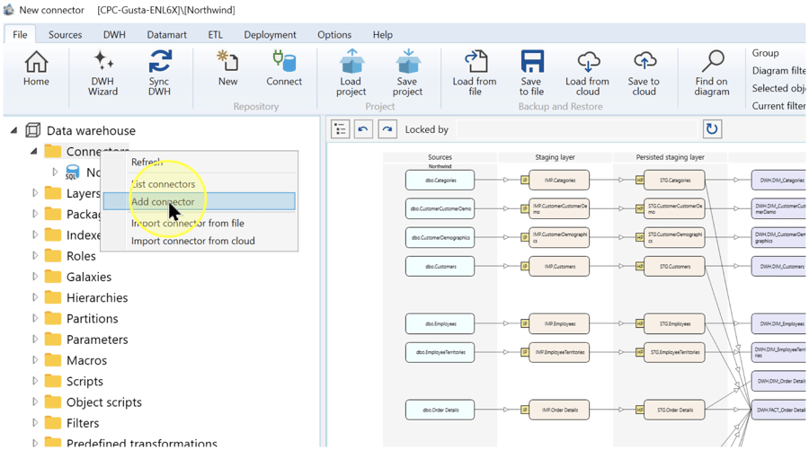 Connectors context menu with Add connector highlighted.