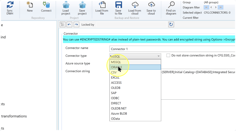 Connector type list open with ORACLE highlighted and the example name Connector 1 above it.
