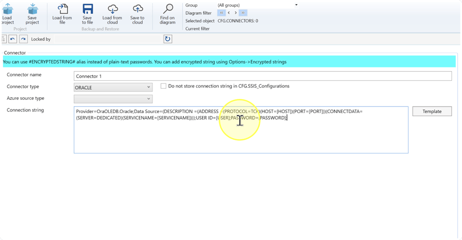 ORACLE Connector editor showing OraOLEDB.Oracle, endpoint and credential placeholders, Template, and the encrypted-string banner.