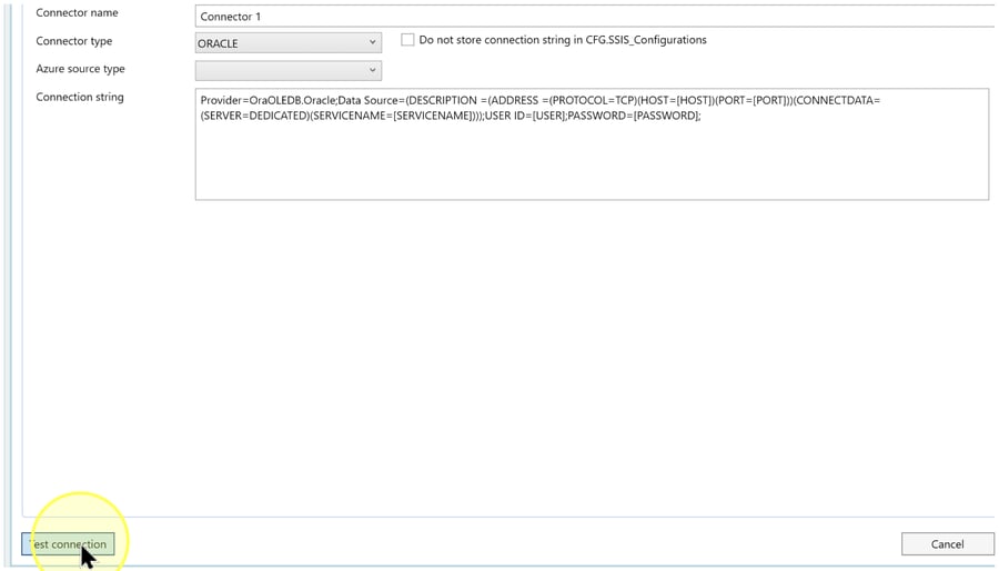 Test connection button highlighted below an Oracle connection string that still contains placeholders.