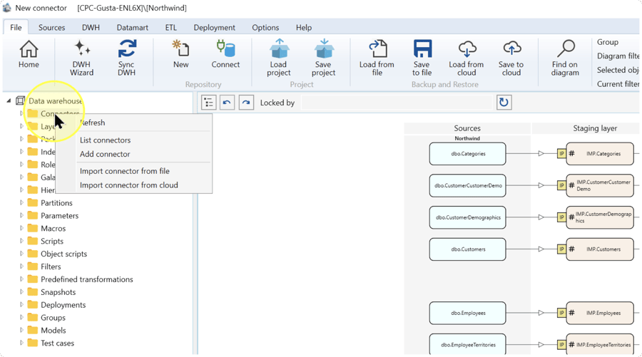 Connectors folder in the left navigation tree with its context menu open.