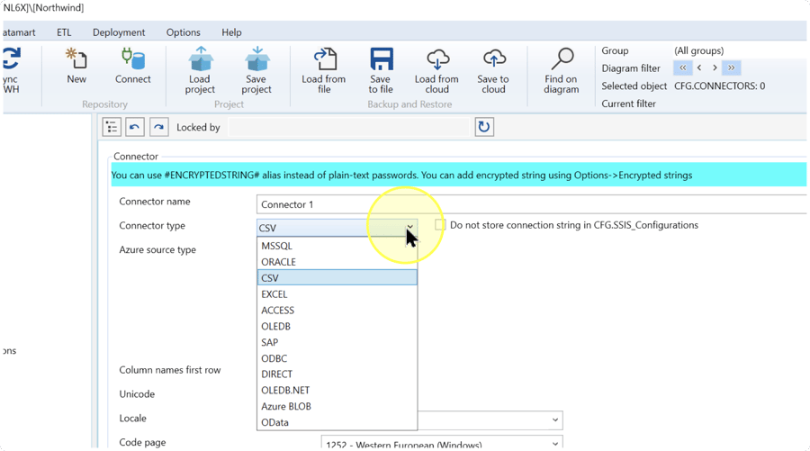 Connector name field and open Connector type list with CSV highlighted.