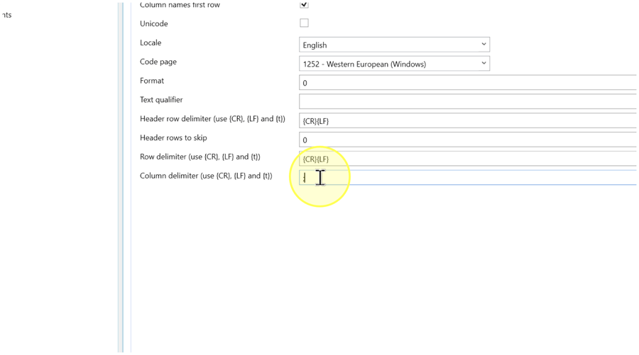 CSV settings showing header and encoding choices, Format, Text qualifier, and header, row, and column delimiters.