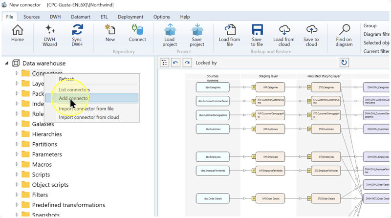 Connectors context menu with Add connector highlighted.