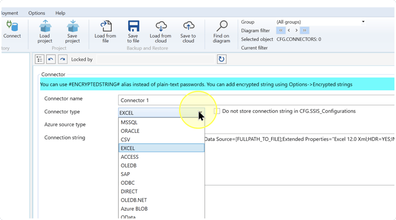Connector name field above the open Connector type list with EXCEL selected.