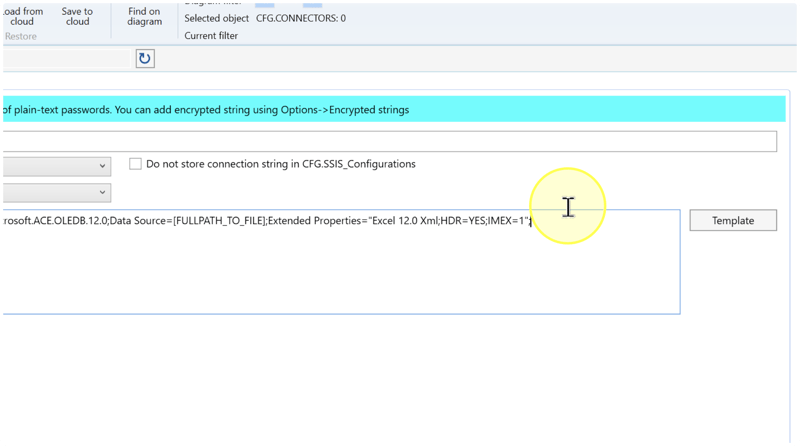 Connection string field showing the workbook-path placeholder, Extended Properties, and the Template button.