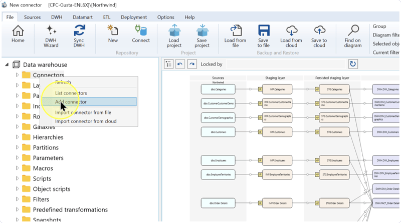 Connectors folder context menu with Add connector highlighted.