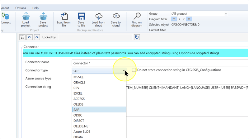 Connector editor with SAP selected in the Connector type list and connector 1 in Connector name.