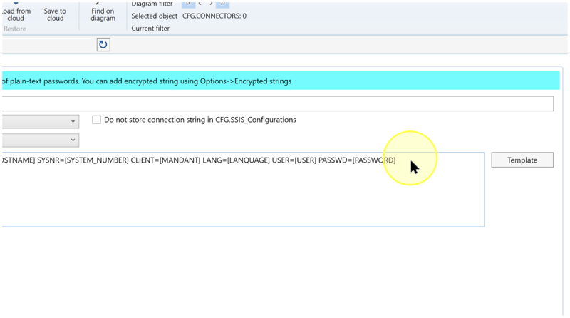 Connection string field containing SAP template placeholders, with the Template button on the right.