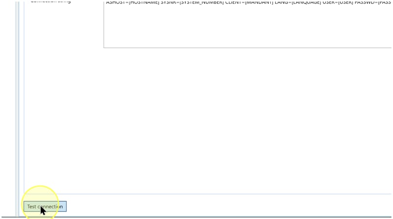 Test connection button highlighted at the bottom left of the Connector editor; no result message is visible.
