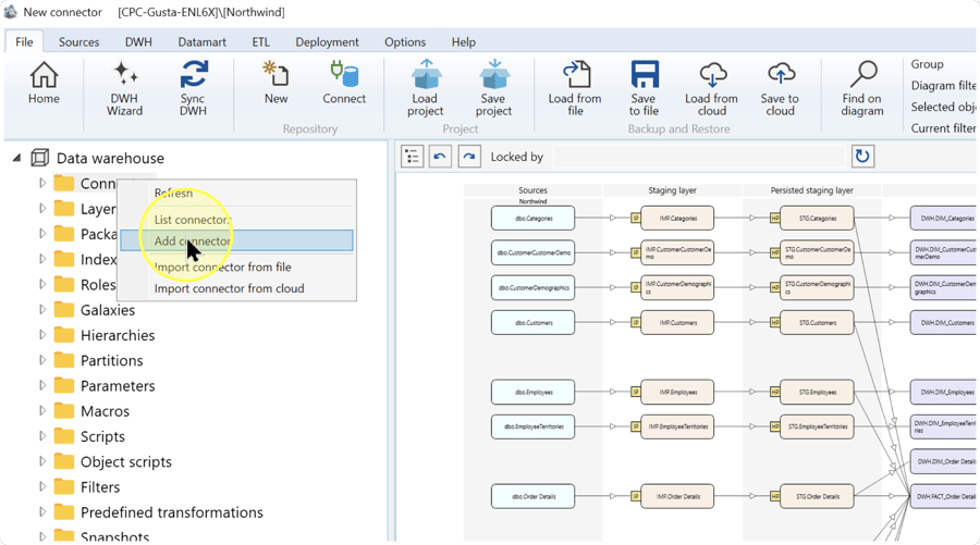 Connectors context menu with Add connector highlighted.