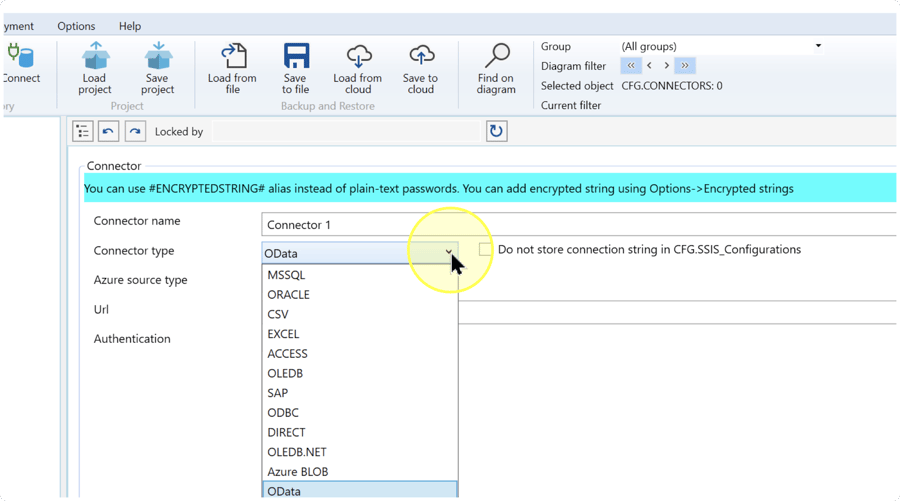 Connector page with the example name Connector 1 and OData highlighted in the Connector type list.