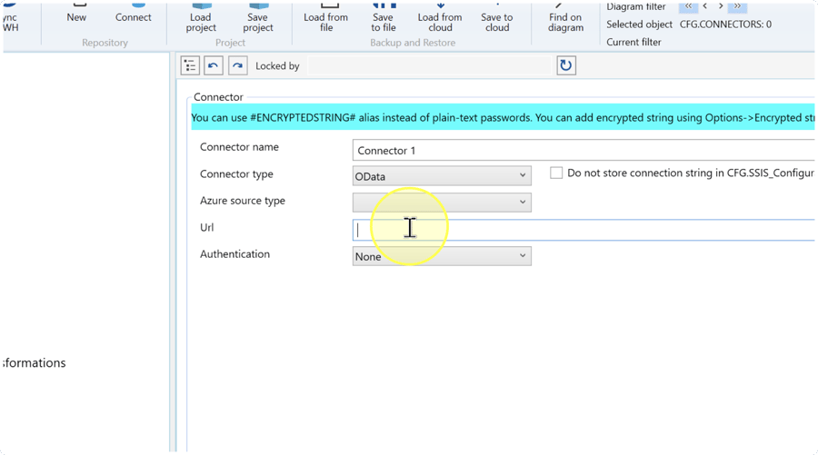 OData Connector settings with the empty Url field focused.